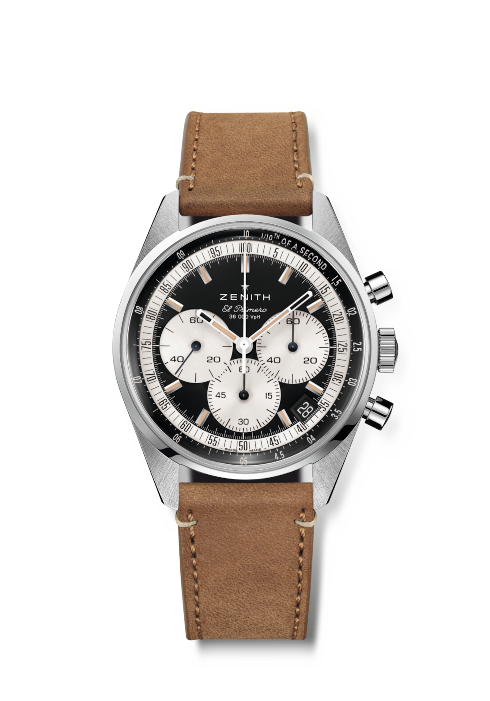 Zenith Chronomaster Original with a reverse-panda dial and tan leather strap.