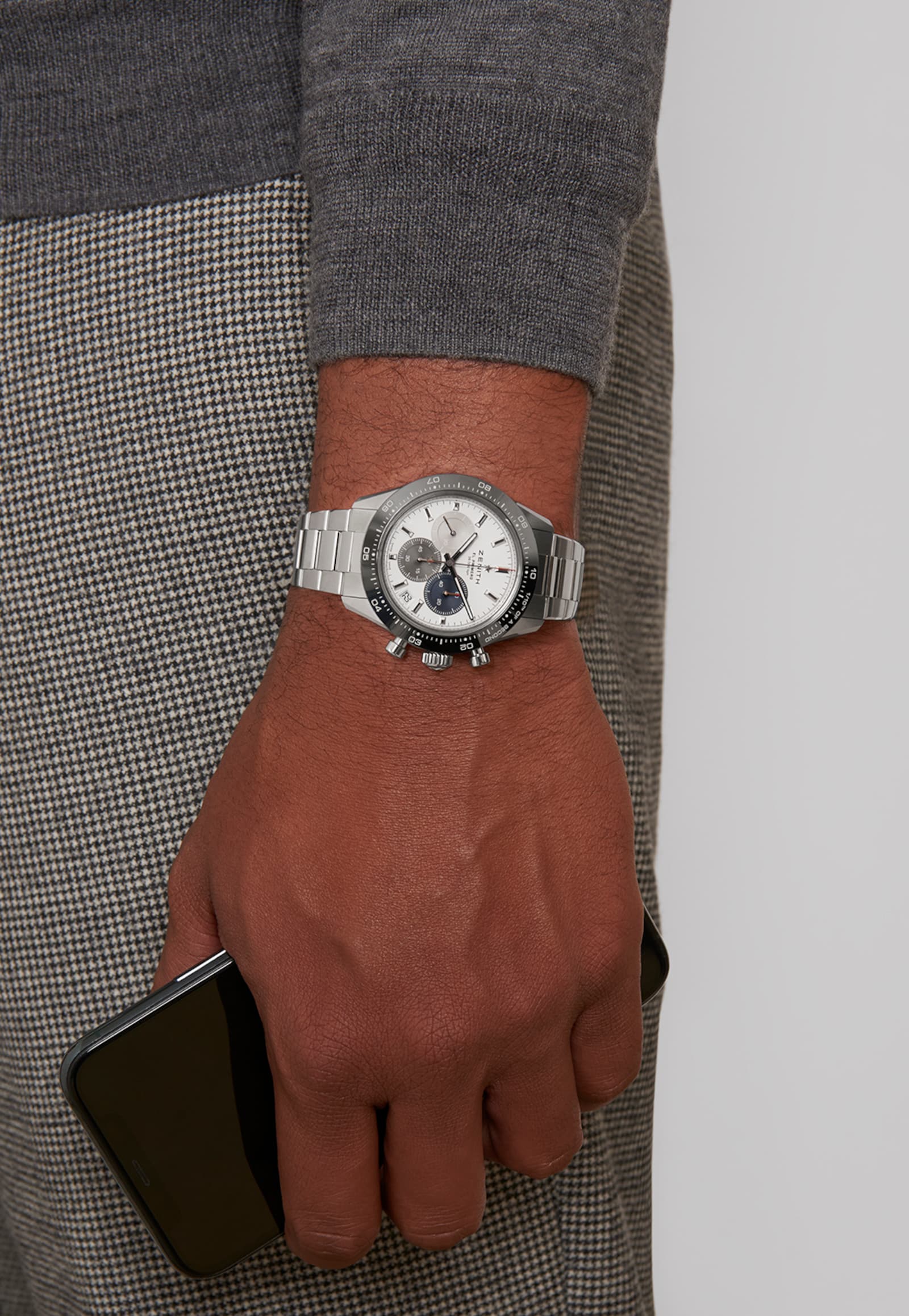 Zenith Chronomaster Sport on the wrist with a tailored jacket.
