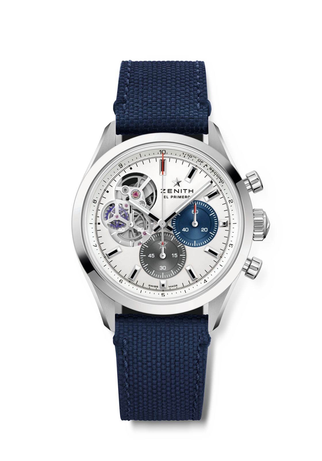 ZENITH CHRONOMASTER Open 1 10th of a second automatic chronograph in steel with silver open dial and blue rubber strap. ZENITH