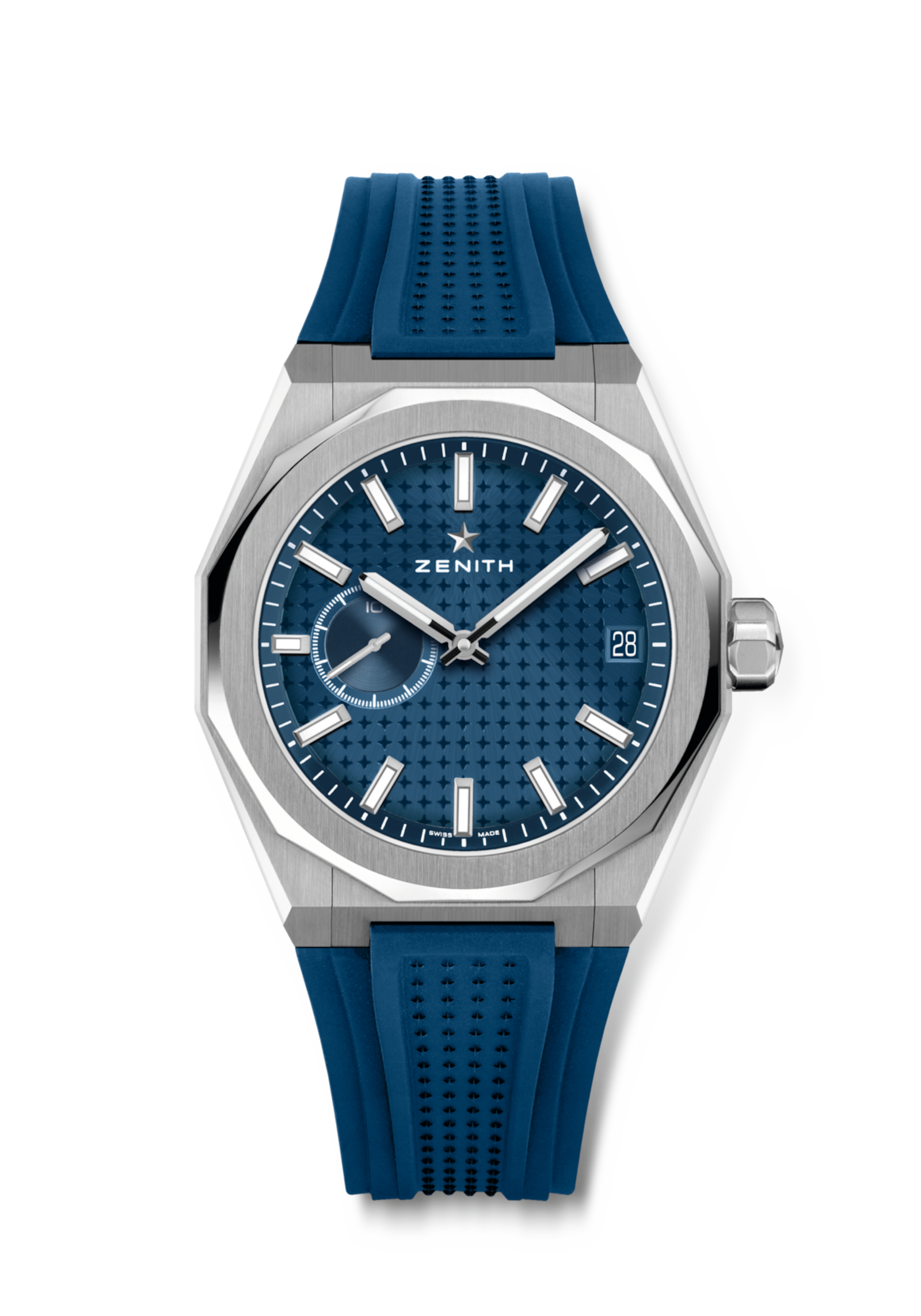Blue Zenith DEFY Skyline showing its faceted steel case and patterned dial on a rubber strap.
